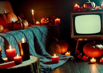 Vintage televízor obklopený tekvicami a sviečkami v útulnom, strašidelnom prostredí, ideálne na halloweensky filmový večer.