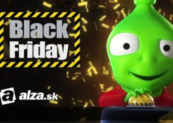 Maskot Alza pri Black Friday výpredaji s nápisom „Black Friday“ na pozadí, obklopený konfetami a logom Alza.sk.