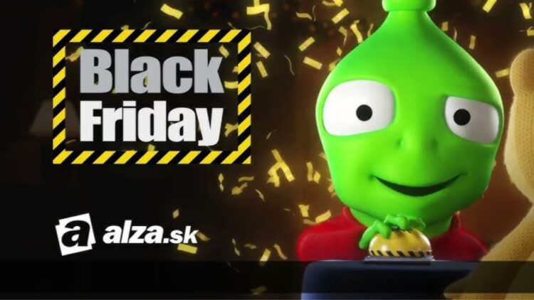 Maskot Alza pri Black Friday výpredaji s nápisom „Black Friday“ na pozadí, obklopený konfetami a logom Alza.sk.