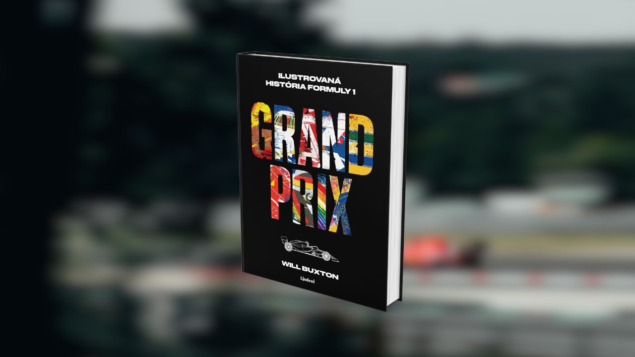 Obálka knihy "Grand Prix: Ilustrovaná história Formuly 1" od Willa Buxtona, s farebným nápisom "Grand Prix" a ilustráciou pretekárskeho auta na čiernom pozadí.