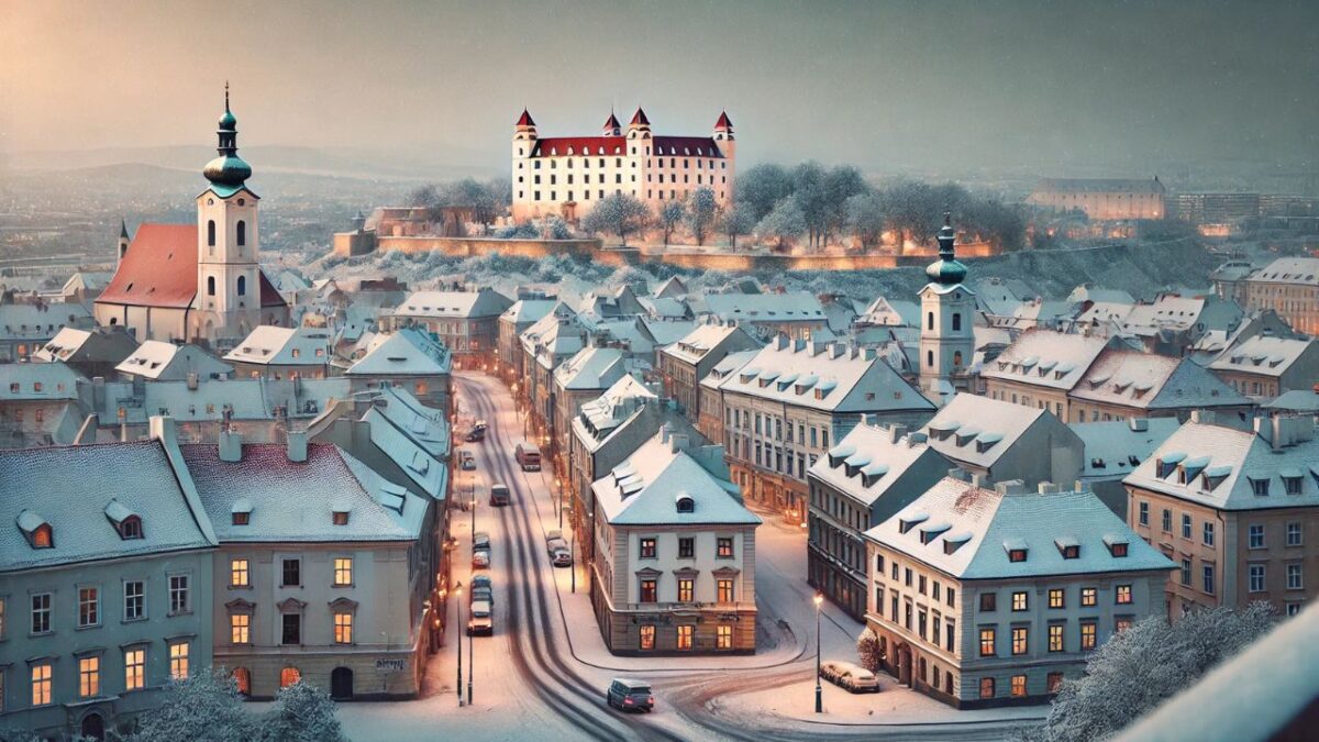 Zasnežené mesto Bratislava s pohľadom na Bratislavský hrad v zimnom období. Strechy historických budov sú pokryté prvým snehom, ulice majú pokojnú, zimnú atmosféru a lampy pridávajú teplý svetelný nádych do obrazu.