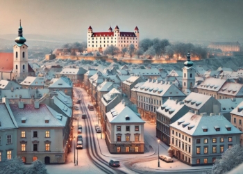 Zasnežené mesto Bratislava s pohľadom na Bratislavský hrad v zimnom období. Strechy historických budov sú pokryté prvým snehom, ulice majú pokojnú, zimnú atmosféru a lampy pridávajú teplý svetelný nádych do obrazu.