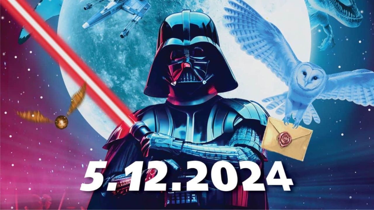 Darth Vader s červeným svetelným mečom, po boku sovy s listom a zlatonky, na pozadí s vesmírnou krajinou a dinosaurom, dátum koncertu 5.12.2024.