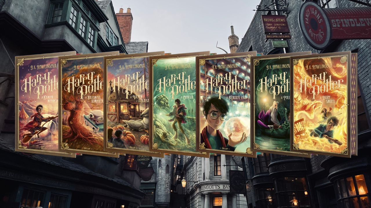 Séria kníh Harry Potter s ilustráciami od Adriána Macha, zobrazujúca všetkých sedem dielov v nádhernom slovenskom vydaní s jedinečnými obálkami a farebnými oriezkami.