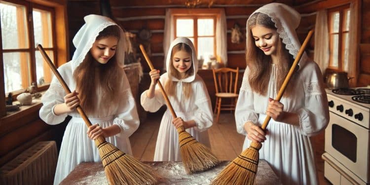 Tri ženy v bielych krojoch symbolizujúcich tradíciu Lucie, upratujú múkou zaprášený stôl v tradičnej drevenej chalúpke na vidieku.