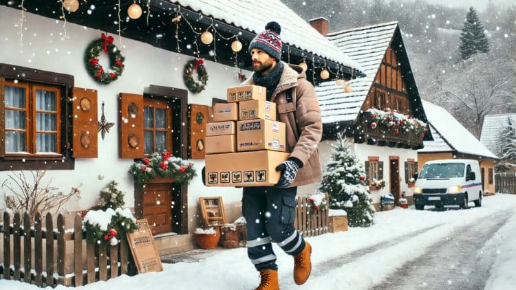 Zaneprázdnený kuriér doručuje balíčky v zasneženej slovenskej dedine, obklopený tradičnými domami s drevenými okenicami a vianočnými dekoráciami.