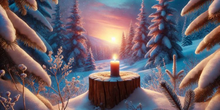 Zimný slnovrat – zasnežená krajina pri východe slnka, s horiacej sviečkou na pni uprostred lesa, symbolizujúca svetlo a nádej. ❄️ð¯️