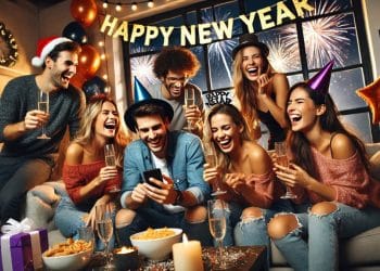 Skupina mladých ľudí oslavuje Silvester a privítanie Nového roka 2025 v útulnej obývačke. S úsmevmi na tvárach, šampanským v rukách a ozdobeným priestorom plným svetiel a balóny s nápisom "Happy New Year" vytvárajú veselú atmosféru.