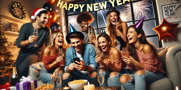 Skupina mladých ľudí oslavuje Silvester a privítanie Nového roka 2025 v útulnej obývačke. S úsmevmi na tvárach, šampanským v rukách a ozdobeným priestorom plným svetiel a balóny s nápisom 