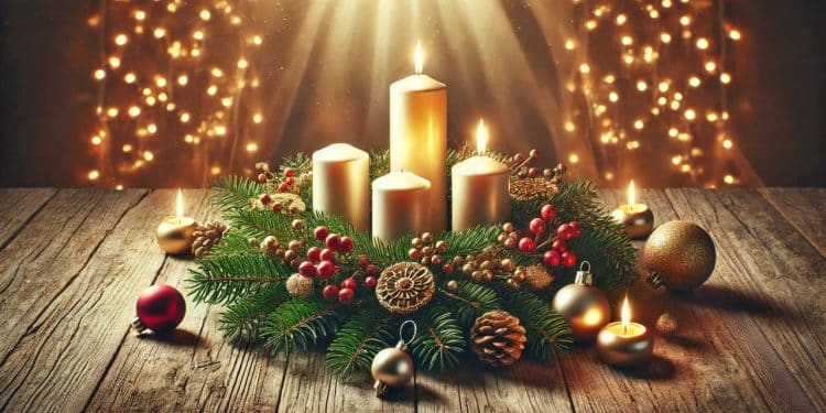 Adventný veniec so štyrmi sviečkami, z ktorých dve sú zapálené, symbolizujúce druhú adventnú nedeľu. Veniec je zdobený zelenými vetvičkami, červenými bobuľami, zlatými guľami a šiškami, umiestnený na drevenom stole s pozadím vianočných svetiel.