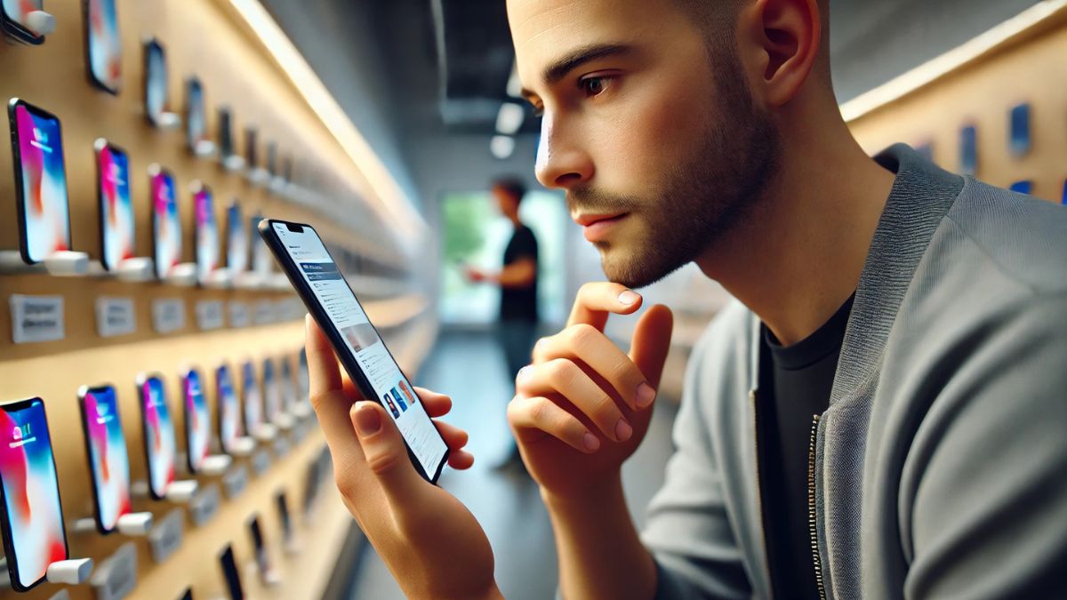 Mladý muž si pozorne prezerá smartphone, ktorý drží v ruke, v modernom obchode s elektronikou. Na stene za ním sú vystavené ďalšie modely telefónov.