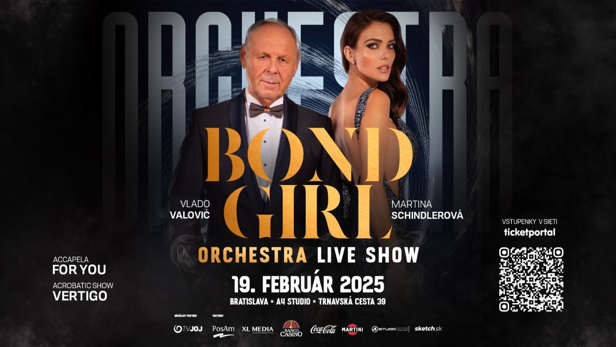 Plagát Bond Girl Orchestra Live Show s Martinou Schindlerovou a Vladom Valovičom, koncert sa uskutoční 19. februára 2025 v Bratislave.