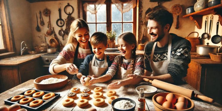 Rodina v tradičnej slovenskej kuchyni spolu pripravuje Fašiangové šišky. Matka a deti sa usmievajú a spoločne tvarujú cesto, obklopení ingredienciami na drevenom stole.