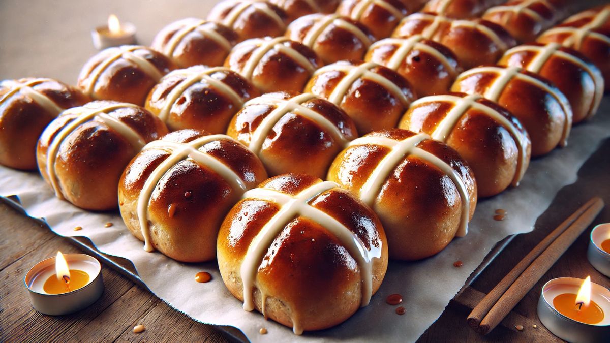 Záber na tradičné sladké pečivo hot cross buns, ozdobené bielym krížovým vzorom z polevy, umiestnené na papieri na pečenie vedľa sviečok a škoricových tyčiniek.