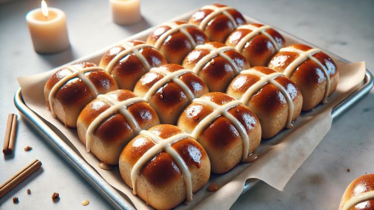 Tradičné sladké pečivo hot cross buns, ozdobené krížovým vzorom z polevy, uložené na plechu s papierom na pečenie.