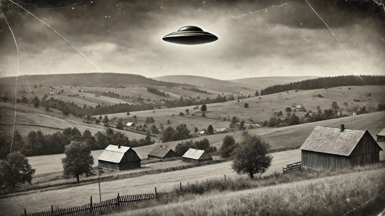 Ilustračná čiernobiela fotografia vidieckeho prostredia na Slovensku s malým diskovitým UFO na oblohe. Scéna zahŕňa kopce, polia a drevené domy.