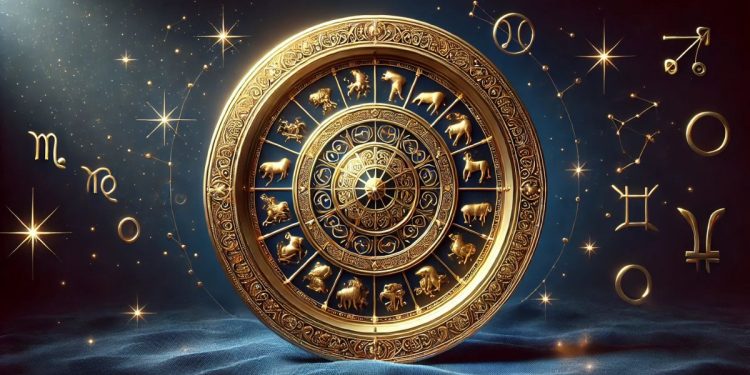 Luxusný zlatý zverokruh so všetkými 12 astrologickými znameniami, elegantne umiestnený na tmavomodrom zamatovom pozadí s jemne žiariacimi súhvezdiami a hviezdami.