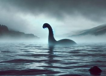 Silueta lochnesskej príšery (Nessie) v hmle na hladine jazera Loch Ness, s horami a zamračenou oblohou v pozadí.