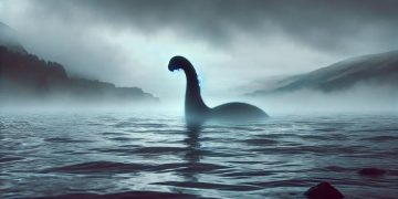 Silueta lochnesskej príšery (Nessie) v hmle na hladine jazera Loch Ness, s horami a zamračenou oblohou v pozadí.