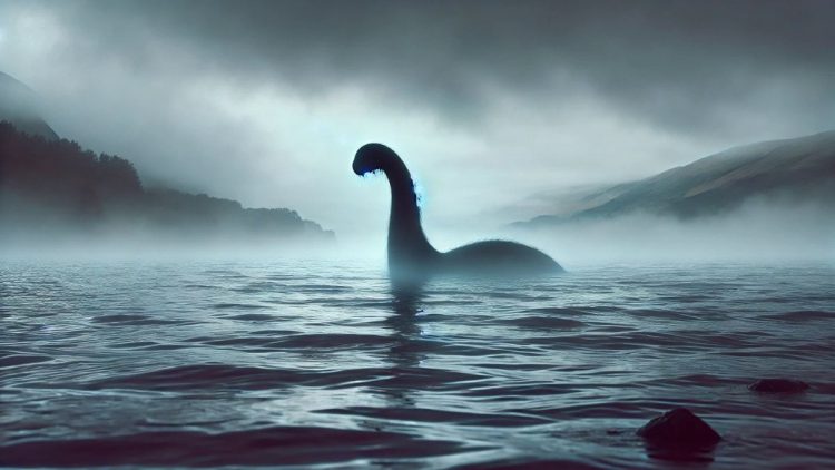 Silueta lochnesskej príšery (Nessie) v hmle na hladine jazera Loch Ness, s horami a zamračenou oblohou v pozadí.